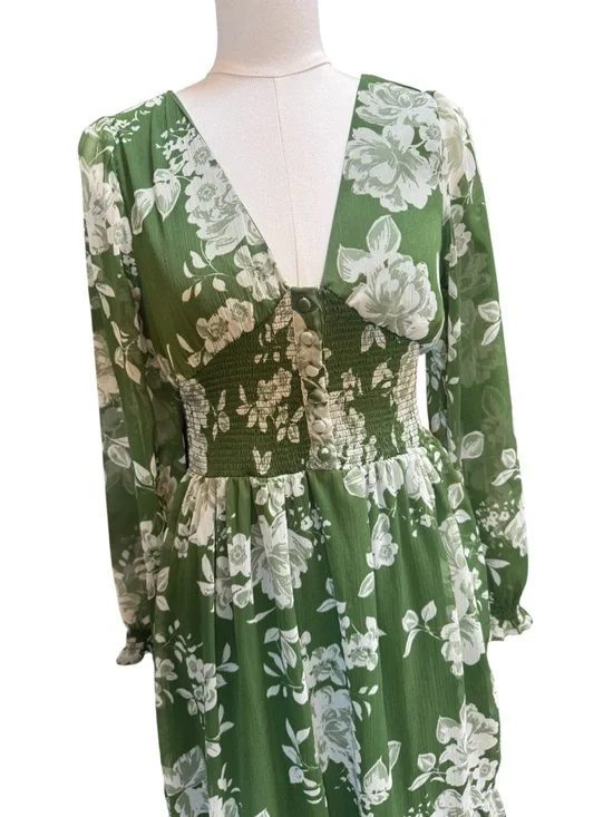 Patrons of Peace Floral Midi Dress Size S Green Smocked Waist Boho - Picture 2 of 8
